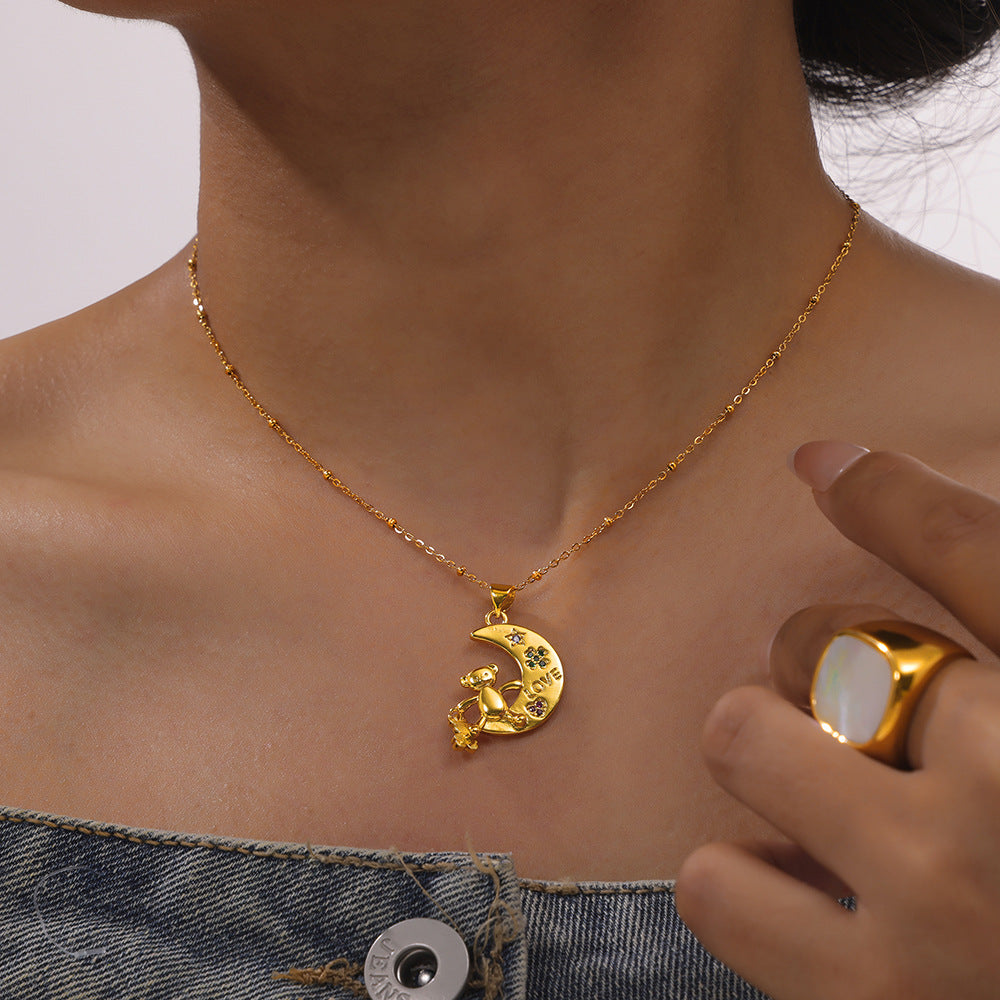 Moon Bear Pendant Gold-Plated Necklace with Zircon Bead Chain - Stylish European American Jewelry
