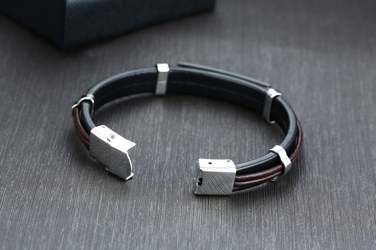 Stainless Steel Leather Bracelet for Men, Black European Style