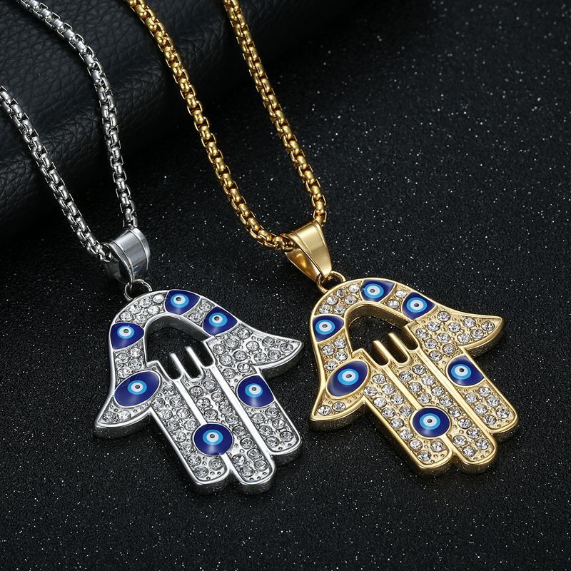 Planderful Everyday Genie Unisex Hamsa Fatima Evil Eye Necklace Hip Hop Style Titanium Steel Gold Plated Zircon Pendant