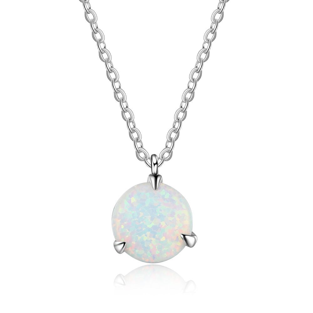 Planderful Jewelry Elegant Round White Opal Sterling Silver Pendant Necklace for Women