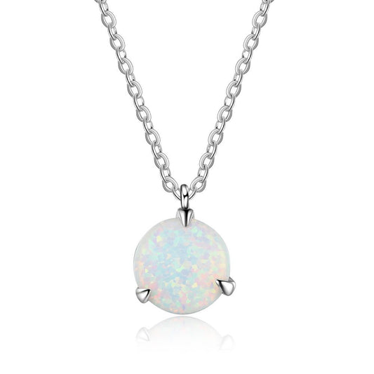 Planderful Jewelry Elegant Round White Opal Sterling Silver Pendant Necklace for Women