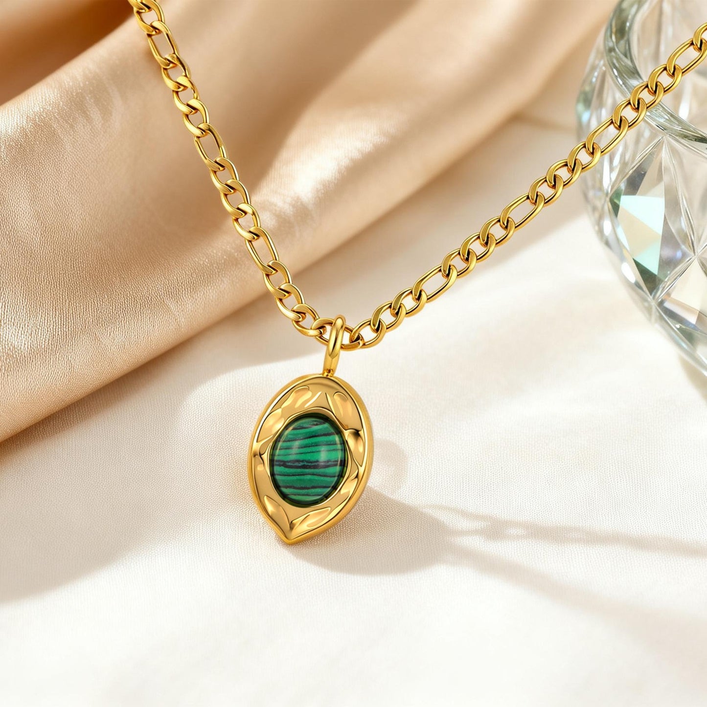 Stainless Steel Natural Malachite Necklace Collarbone Chain