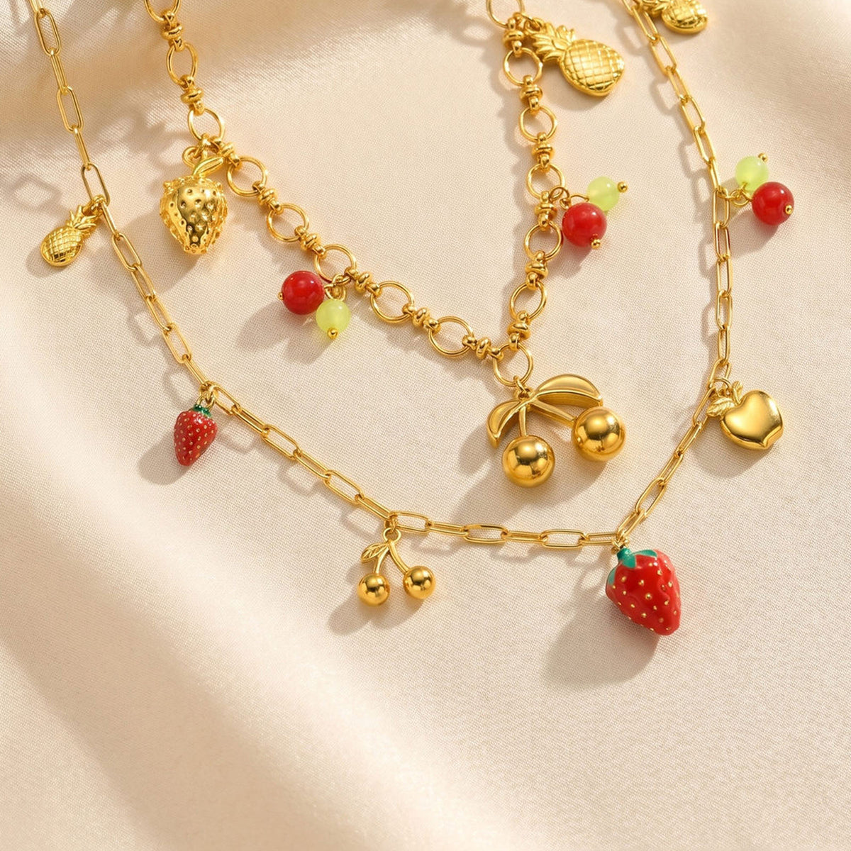 Stainless Steel Vacation Wind Sweet Strawberry Cherry Pineapple Necklace Multi-Element