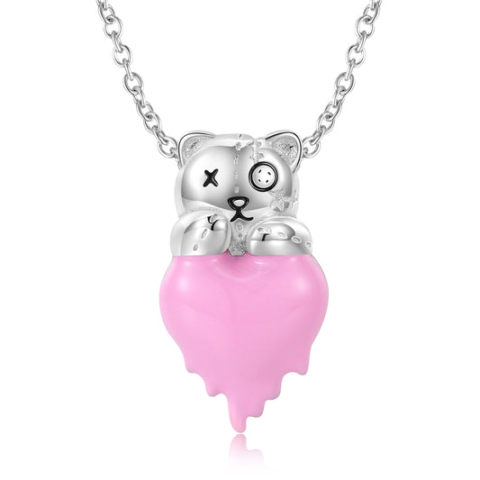Bear with Pink Melt Heart Silver Necklace