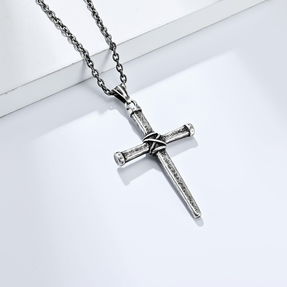 Neutral Cold Wind Retro Forged Steel Nail Cross Necklace for Men