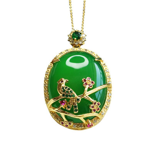 Golden Necklace with Oval Green Chalcedony and Zircon Happy Magpie Pendant
