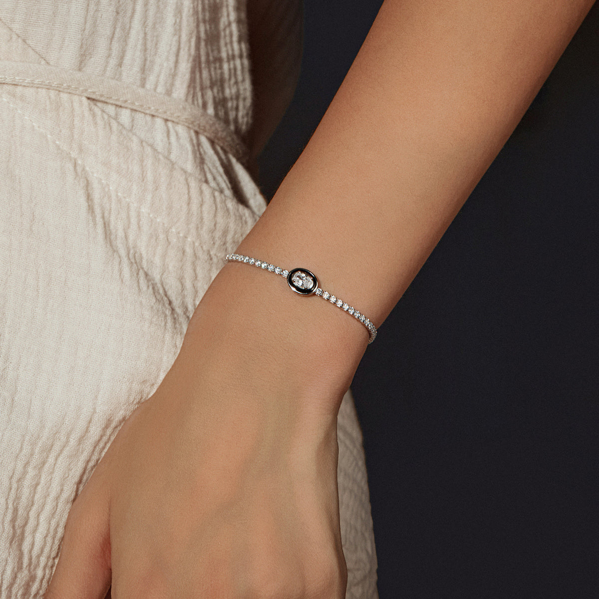 925 Sterling Silver Black Enamel Tennis Oval Bracelet