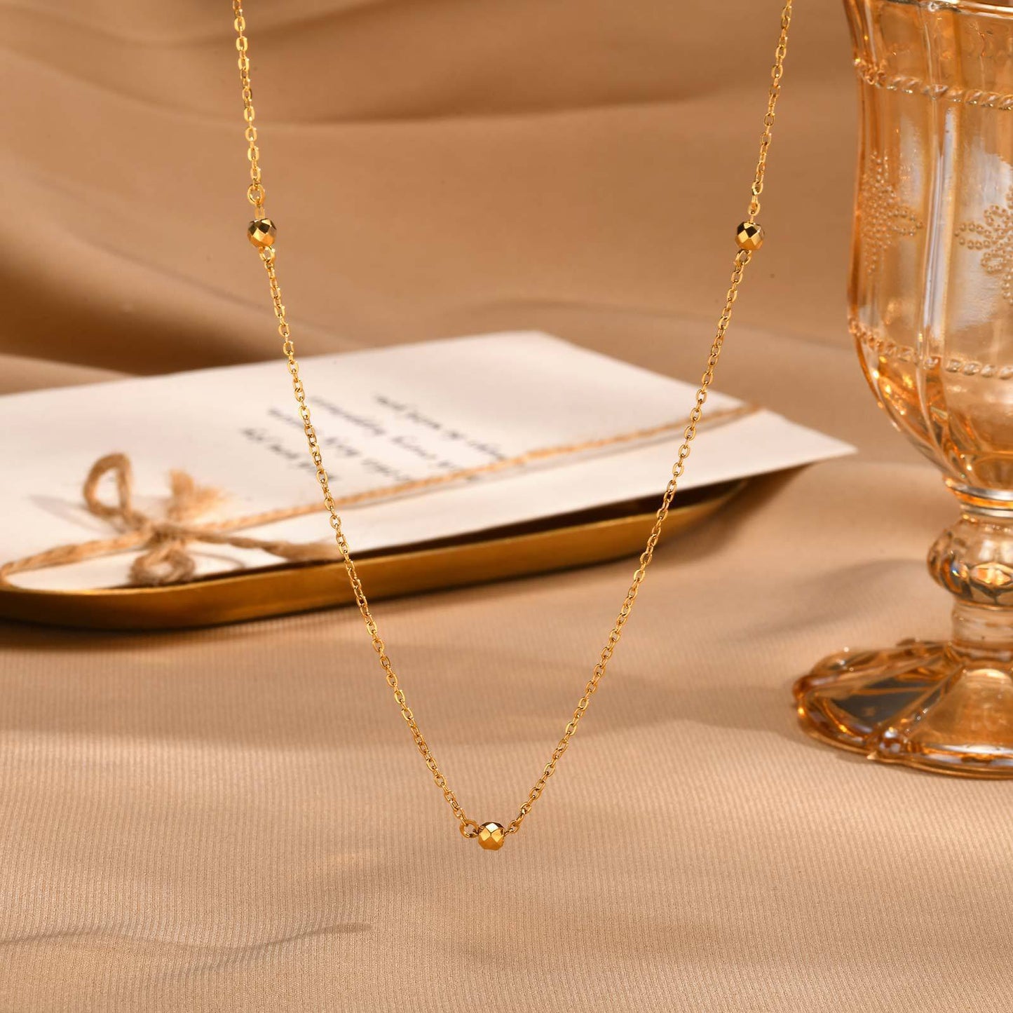 Ladies Stainless Steel Flat Cross Chain – Three Dancing Beads – Gold Necklace