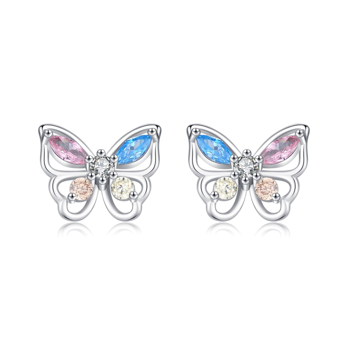 925 Sterling Silver Dopamine Color Butterfly Stud Earrings - Sweet and Delicate Korean Version