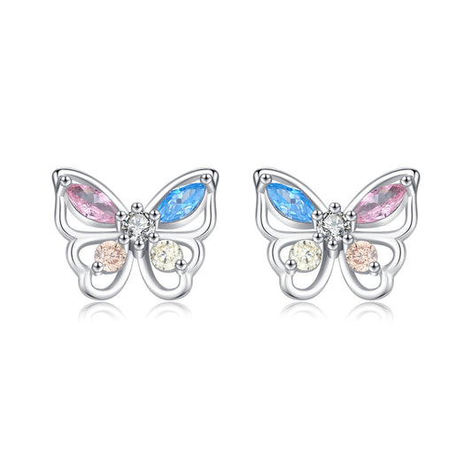 925 Sterling Silver Dopamine Color Butterfly Stud Earrings - Sweet and Delicate Korean Version