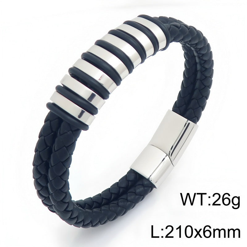 Blue/Black Leather Bracelet Double Layer Braided Microfiber Leather Stainless Steel