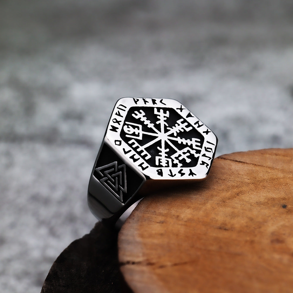 Viking Looney Letter Compass Rune Stainless Steel Ring for Men