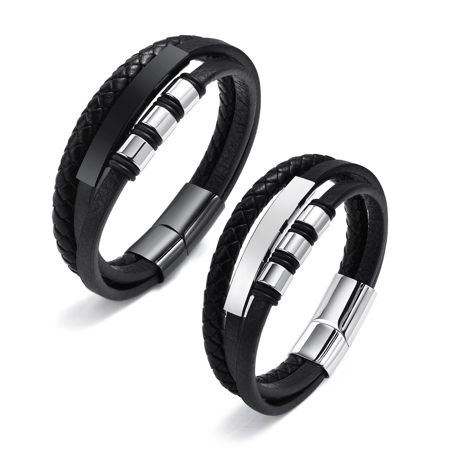 Titanium Steel Men's Leather Bracelet Three-Layer Black Model