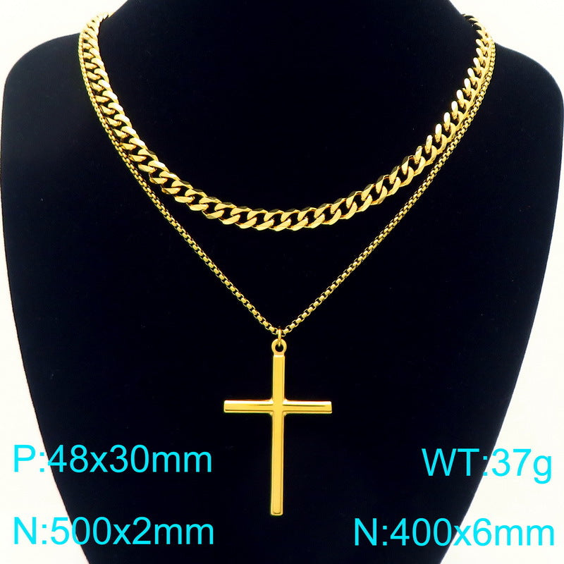 Glossy Cross Pendant Necklace, Six-Sided Grinding Square Pearl Chain Double-Layer Stacked Men's Necklace.