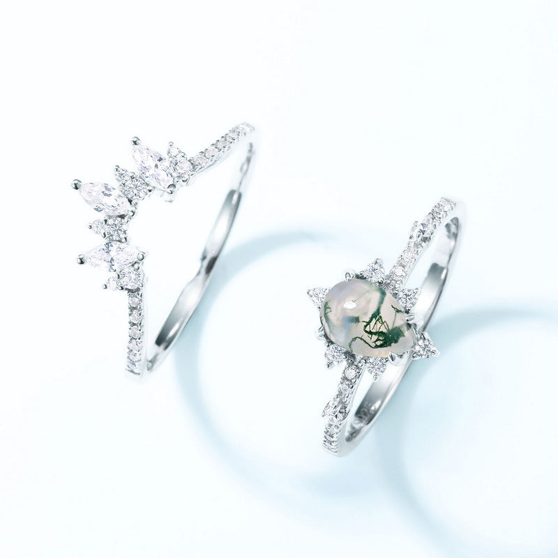 S925 Sterling Silver Moss Agate Pear Pear-Cut Ring