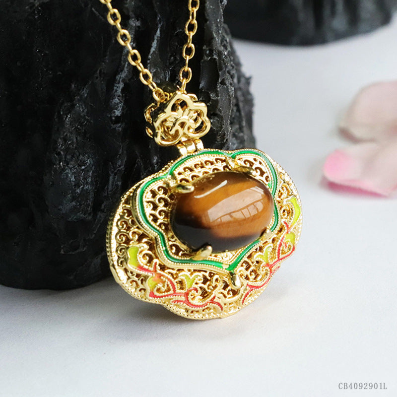 Yellow Tiger Eye Enamel Ruyi Pendant — No Chain
