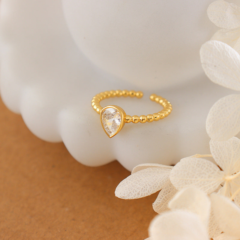 Brass Open Ring with Water Drop Rhinestone Inlay - Unique Girlfriend Jewelry