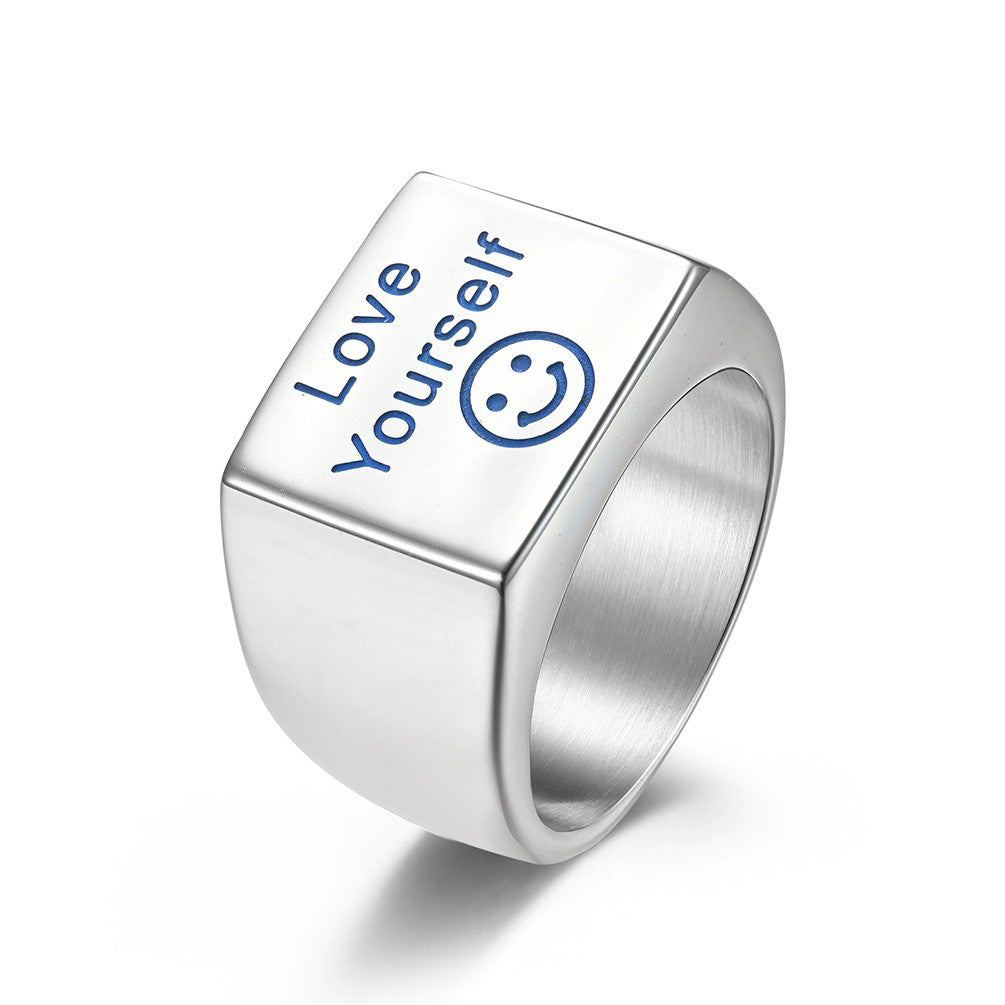 New English Love Yourself Blue Luminous Smiley Face Ring for Men