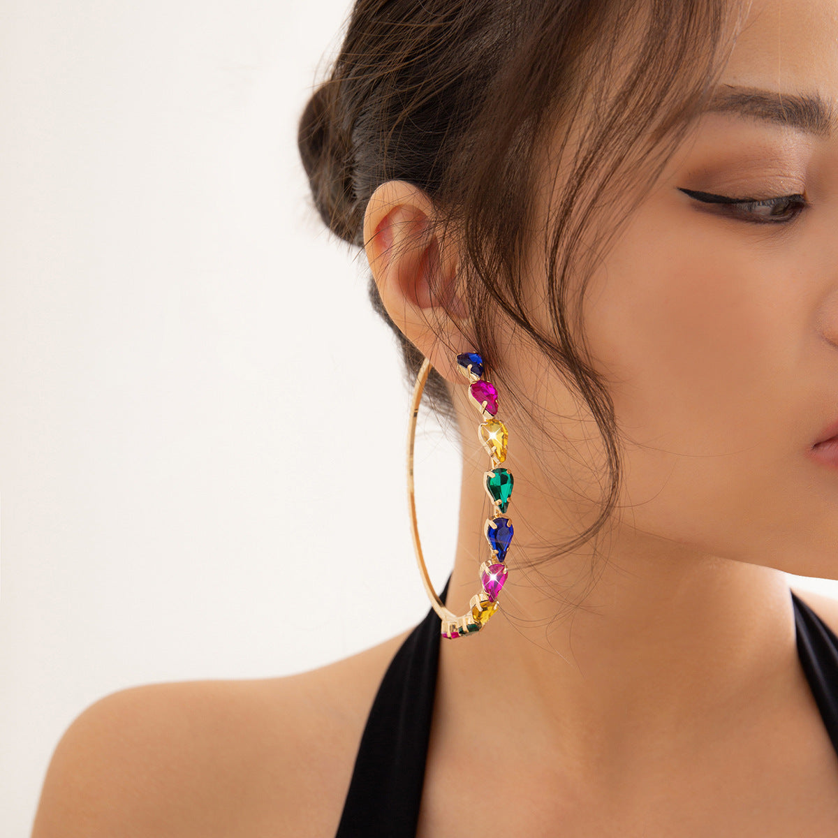 European and American Cross-Border Jewelry: Geometric Earrings with Exaggerated Circles and Personalized Colored Diamond Droplet Shape, Women's Fashion