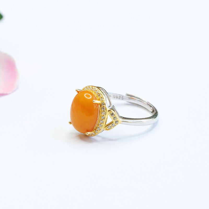 Golden Edge Adjustable Sterling Silver Amber Ring