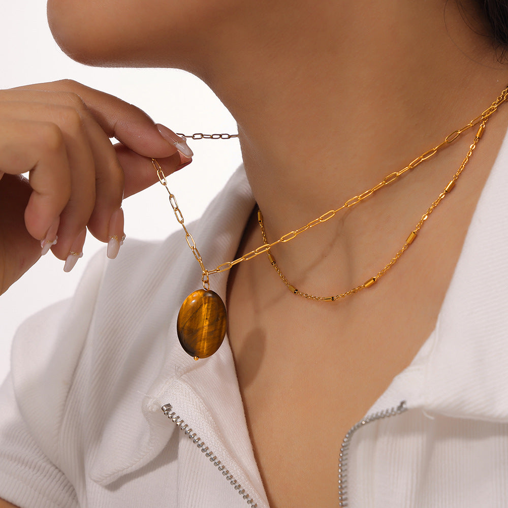 Tiger Eye Stone Geometric Bead Necklace in Gold-Plated Titanium Steel