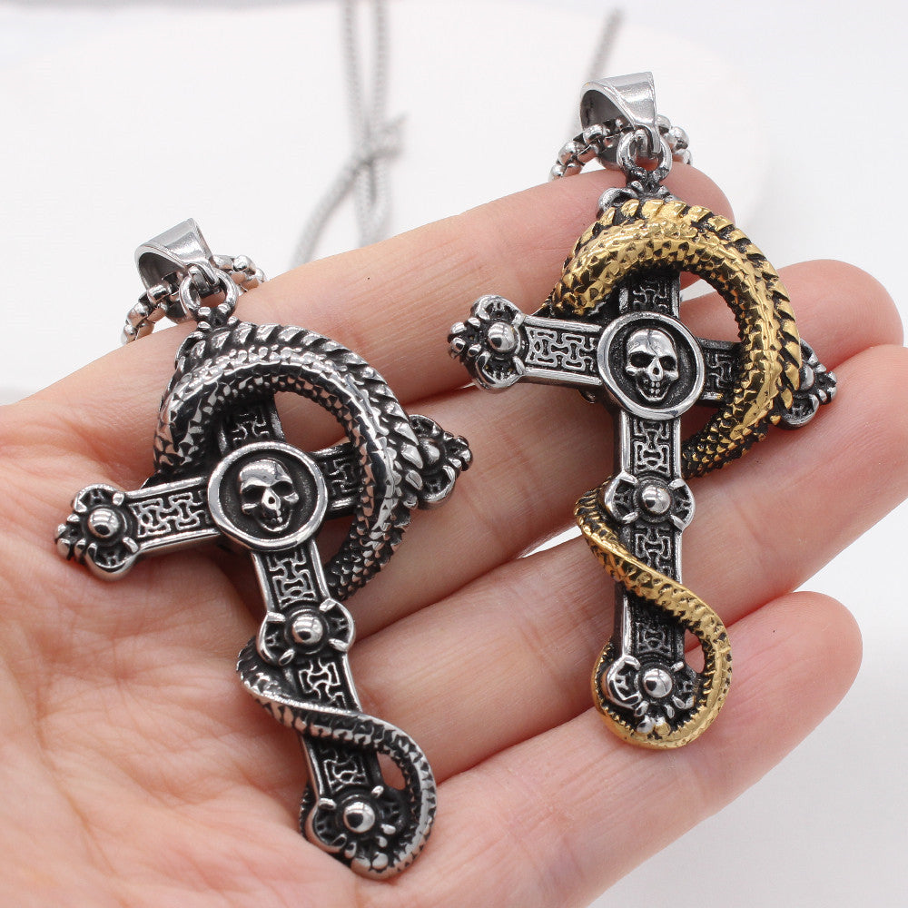 Customizable Retro Dragon Skull Cross Pendant for Men in Titanium Steel - European & American Style