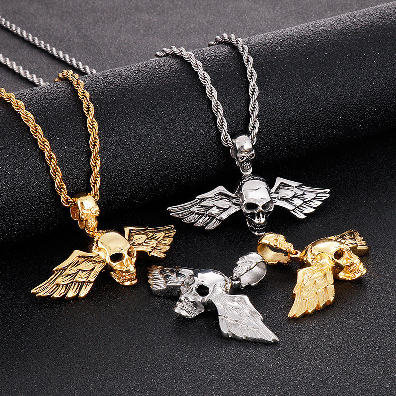 Trendy Hip Hop Skull Pendant with Angel Wings - Men's Titanium Steel Fashion Accessory