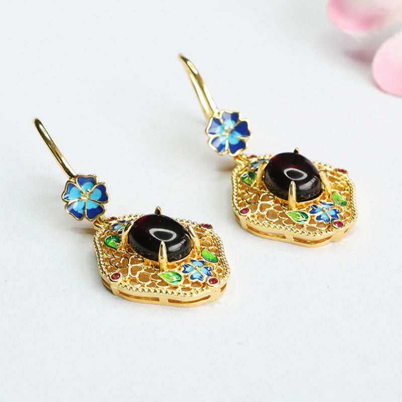Blood Amber Enamel Floral Drop Earrings