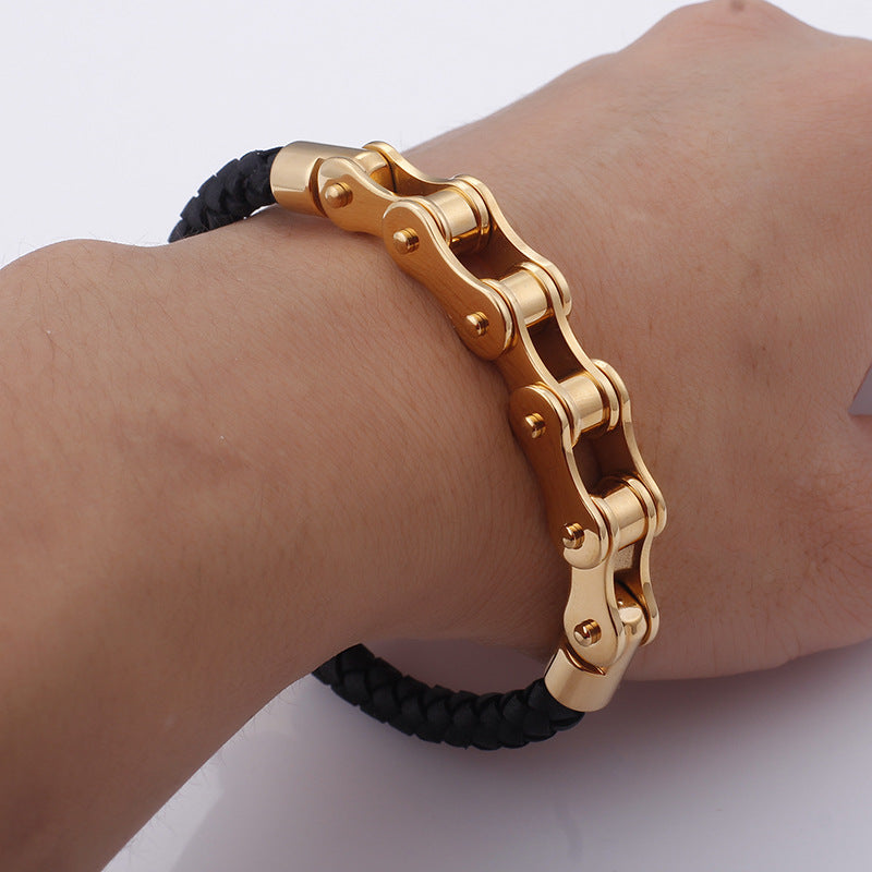 Cool Men's Stainless Steel Bicycle Chain Leather Bracelet – Locomotive Chain Cowhide