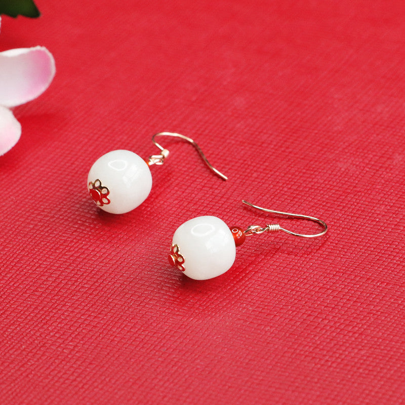 Sterling Silver Natural Hetian White Jade Earrings