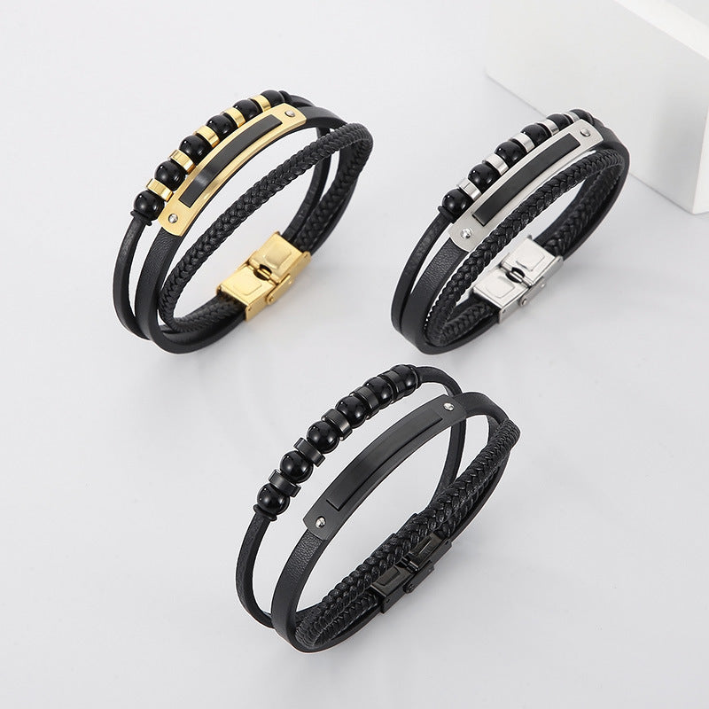 Planderful Mens Personalized Woven Leather Beaded Bracelet