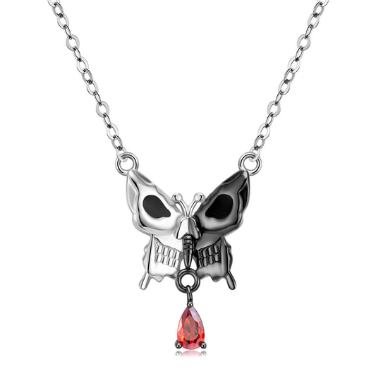 Halloween Skull Butterfly Pendant Red Zircon Silver Necklace