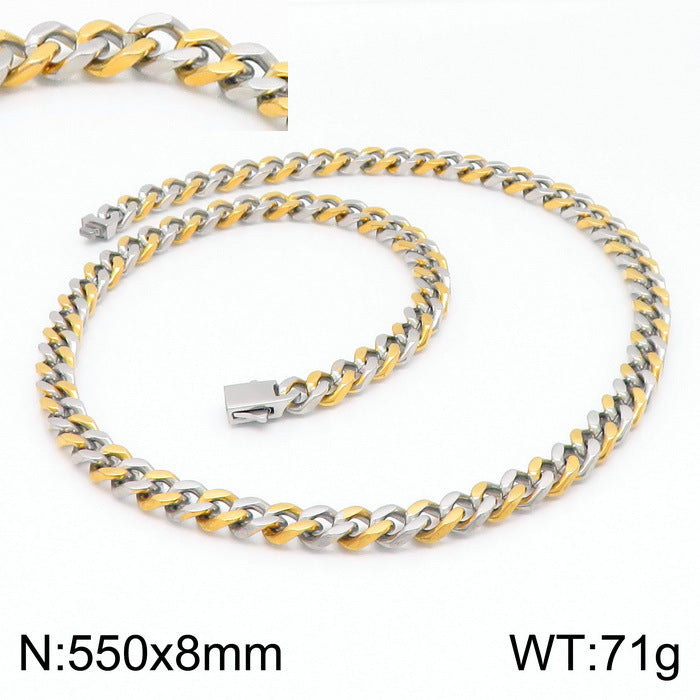 Stainless Steel Cuban Chain Bracelet, Rock Street Men's Vacuum Plated Four-Sided Grinding Square Necklace