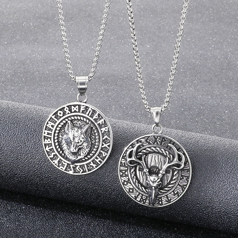 Viking Mythology World Tree Double Wolf Disc Pendant, Nordic Luhn Rune Crow Deer Necklace