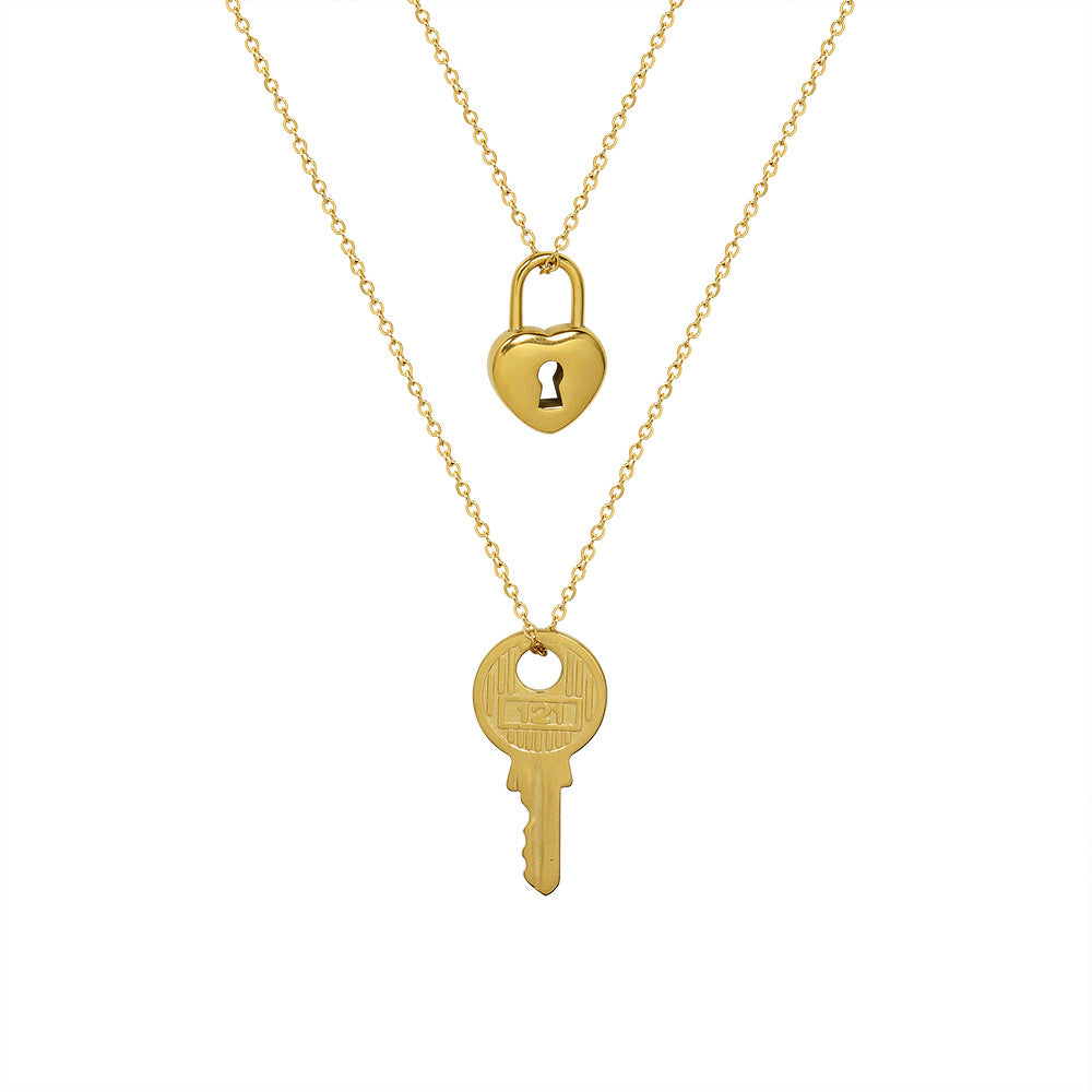 French-Inspired Titanium Steel Key Lock Pendant Necklace with 18k Gold Chain - Couple Necklace Set