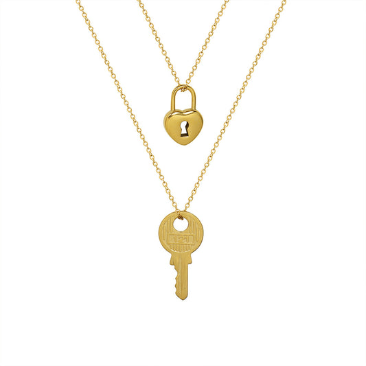 French-Inspired Titanium Steel Key Lock Pendant Necklace with 18k Gold Chain - Couple Necklace Set