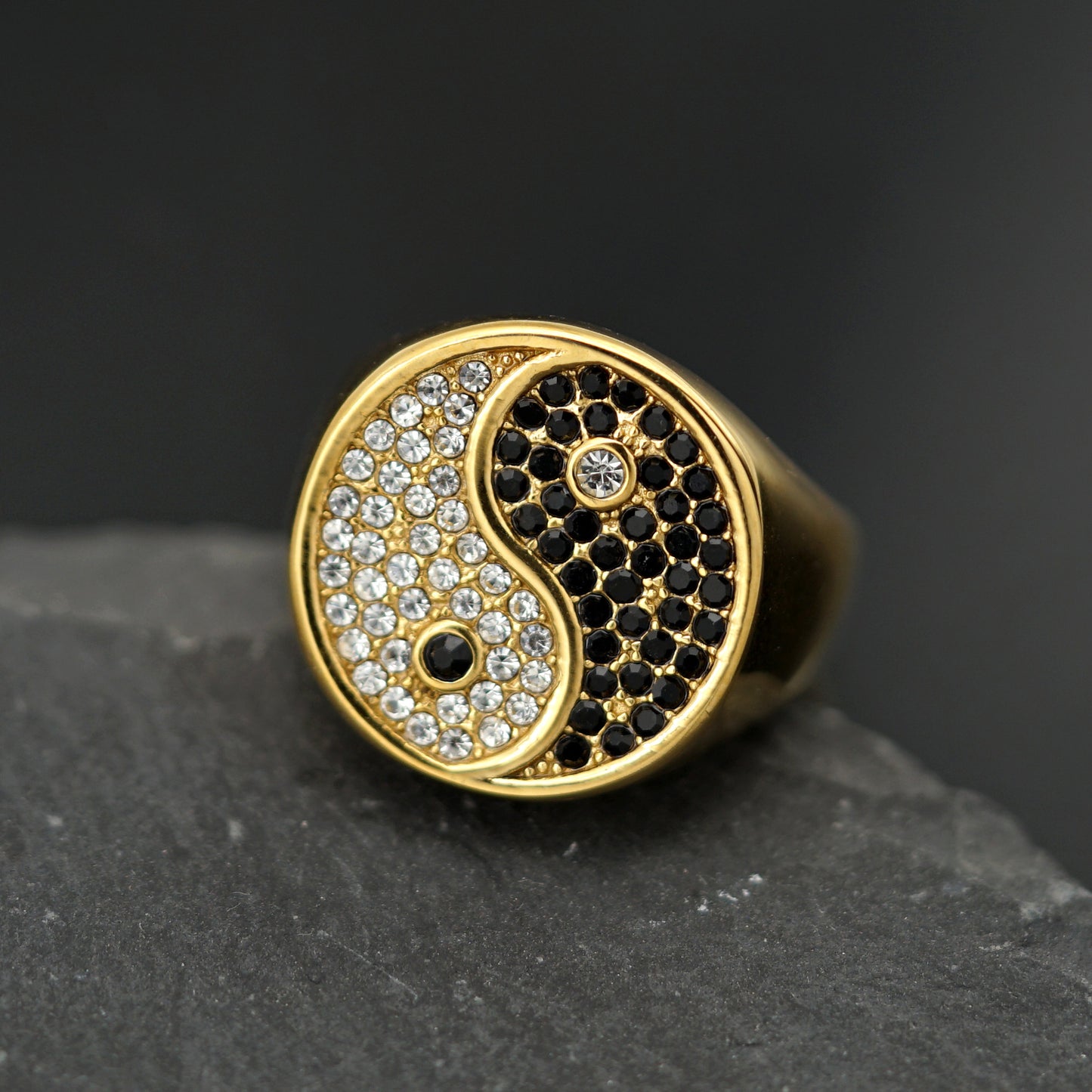 Planderful Retro Tai Chi Ring Stainless Steel With Black White Zircon Unisex Durable Gift For Him And Her