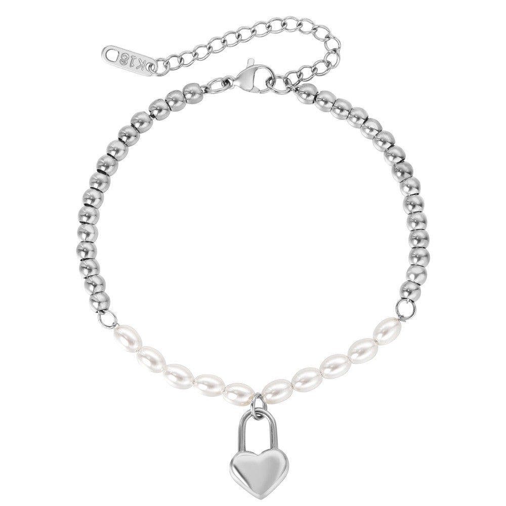 Planderful Beaded Pearl Bracelet Minimalist Peach Heart Durable Titanium Steel For Women And Men Fashionable Statement