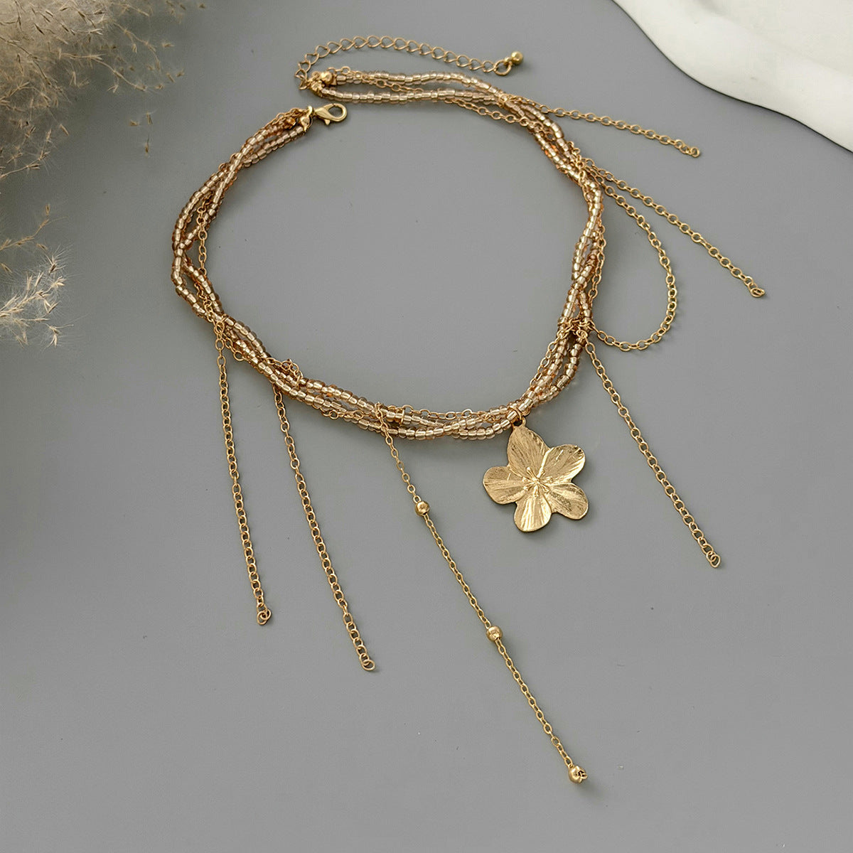 French Floral Bead Tassel Wrap Necklace