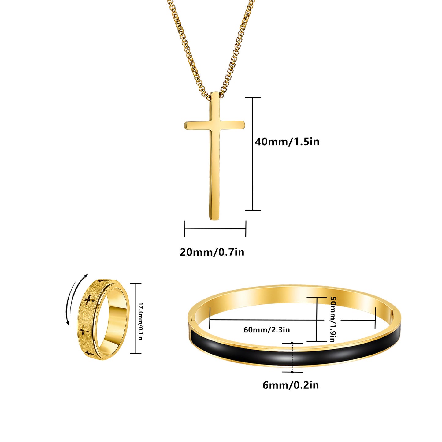 Planderful Everyday Genie Cross Design Stainless Steel Ring Bracelet Necklace Set For Women And Unisex Statement Jewelry