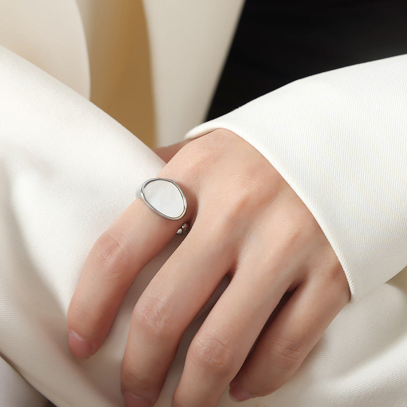 Elegant Mother of Pearl Open Ring in Titanium Steel - Luxury Fashion Jewelry for Women