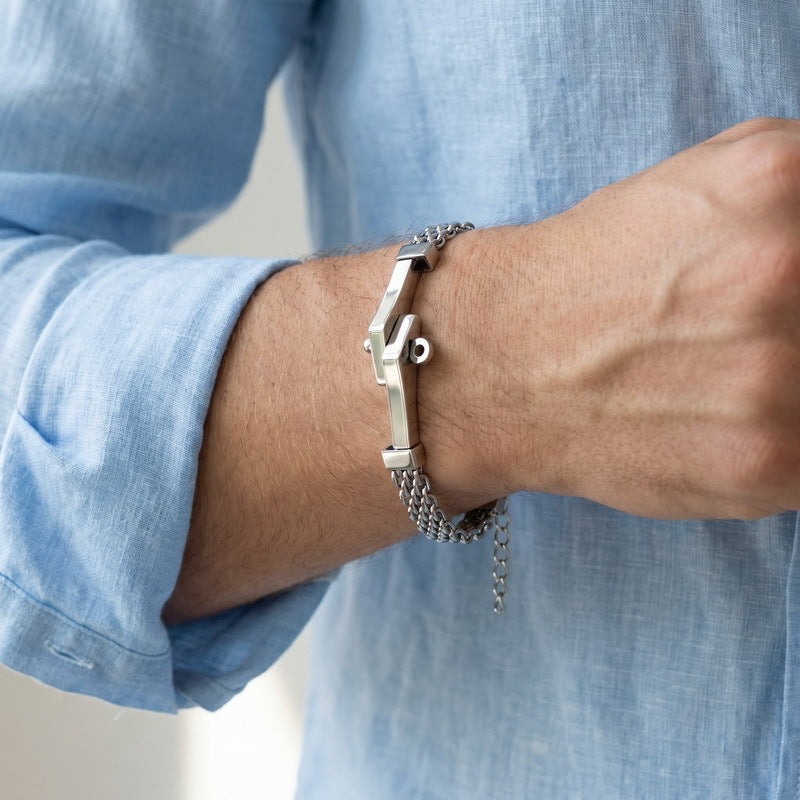 Style Irregular Curved Bar Bracelet Double-Layer Front & Back Chain Stainless