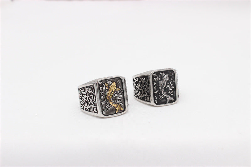 Planderful Everyday Genie Titanium Steel Ring Unisex Retro Carp Motif Durable Gift for Men and Women