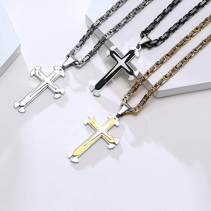 Planderful Stainless Steel Bold Triple Cross Pendant Necklace For Men On Byzantine Chain