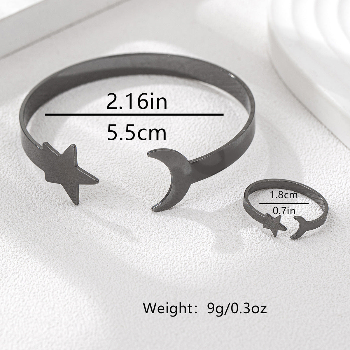 Fashionable Metal Star Moon Bracelet and Ring Set for Women