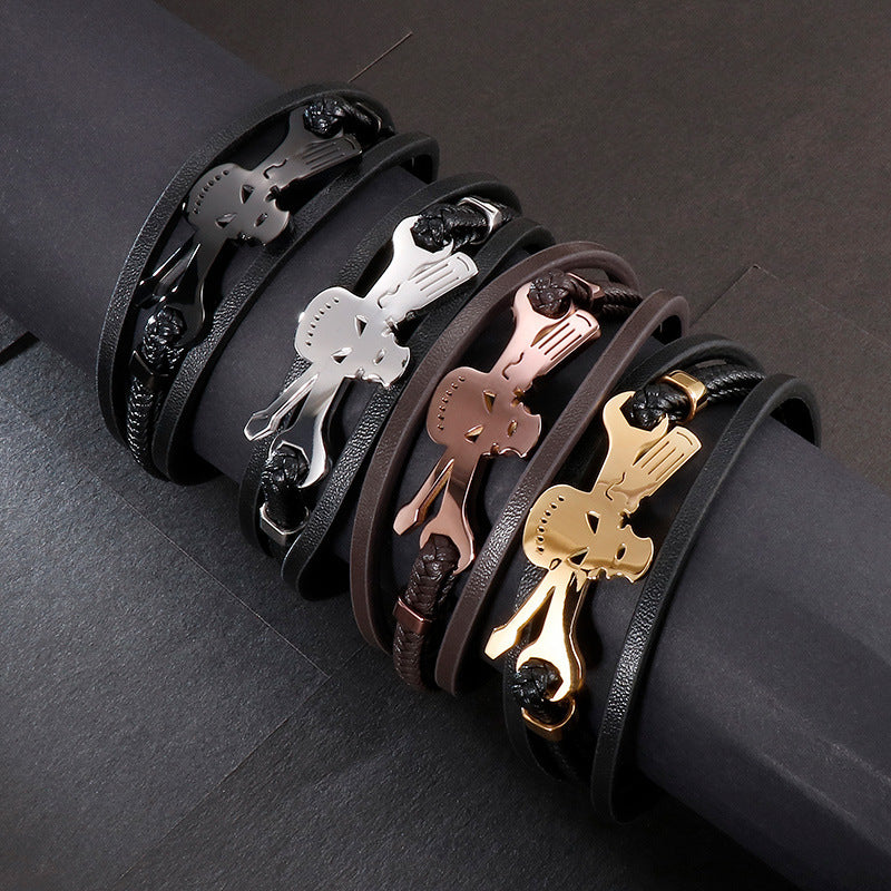 Planderful Mens Skull Bracelet Stainless Steel Leather Rope
