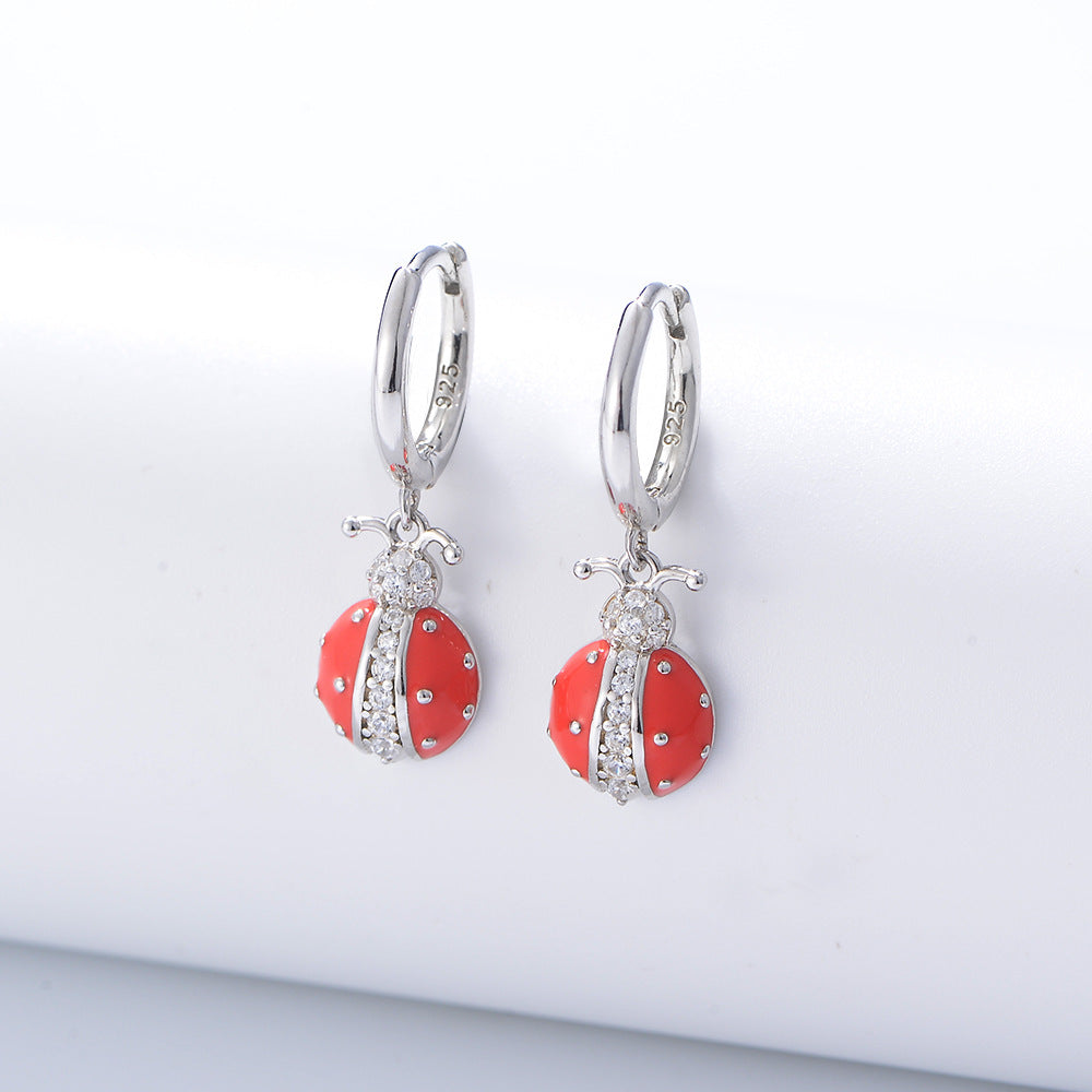 S925 Pure Silver Cute Playful Drip-Tape Zircon Ladybug Earrings Insect Earrings, Style