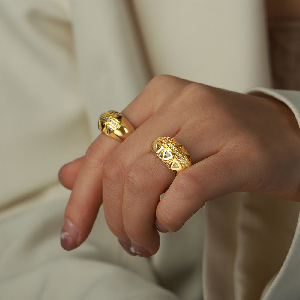 Retro Geometric Copper Zircon Open Ring - Court Style Luxury Jewelry