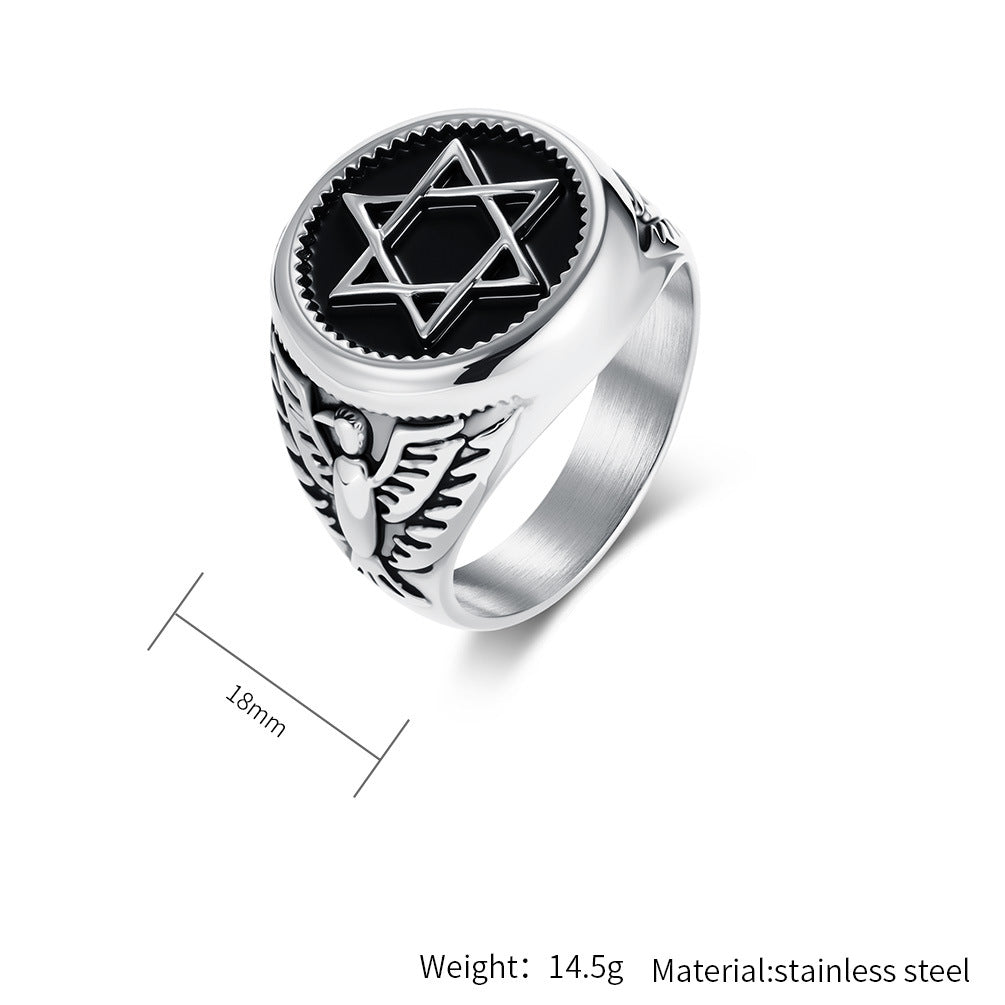 Planderful Stainless Steel Hexagram Eagle Head Ring For Men Retro Trendy Punk Jewelry
