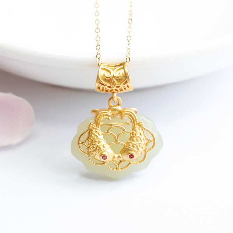 Fortune's Favor Sterling Silver Natural Hetian Jade White Ruyi Golden Koi Fish Necklace